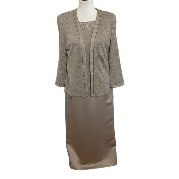 Alex Evenings Silver Taupe Formal Long Maxi Dress w/ Cardigan Metallic Shimmer 1 - Picture 1 of 7